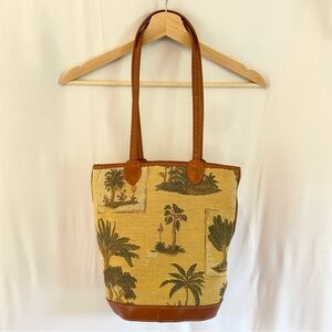 Tommy Bahama Vintage Shoulder Bag Brown Leather Canvas Tropical Palm